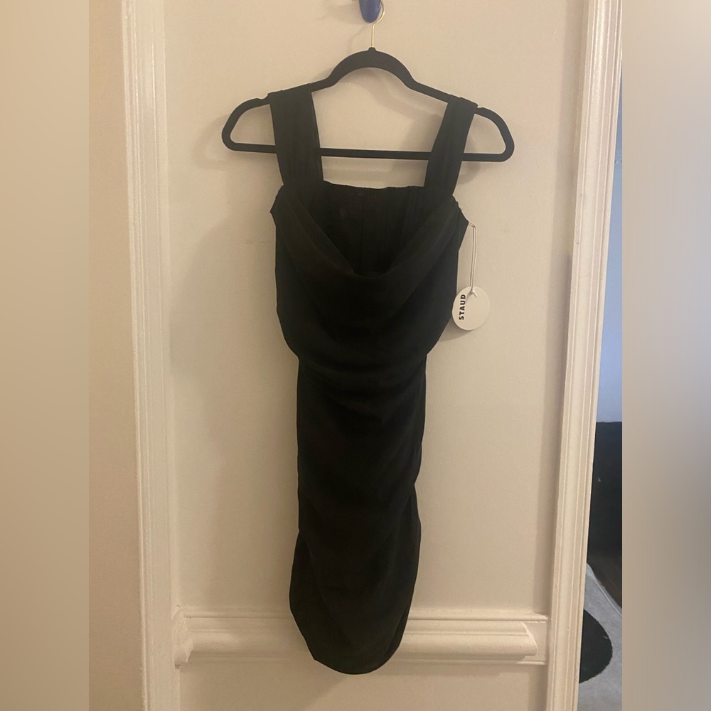 STAUD Black Draped Midi Dress with Wide Straps